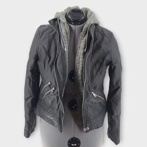 YMI jacket Women's L Gray Moto Zippered Pockets Hooded Full-Zip Cropped Biker